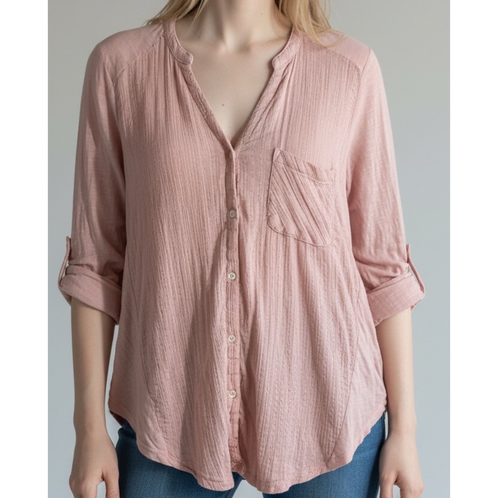 Lucky Brand Medium Pink Striped Contrast Fabric V-Neckline Button Down Top
